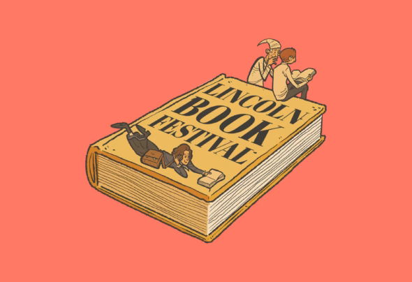 Characters sitting on book illustration