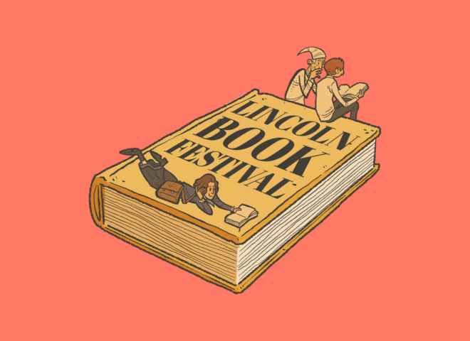 Characters sitting on book illustration